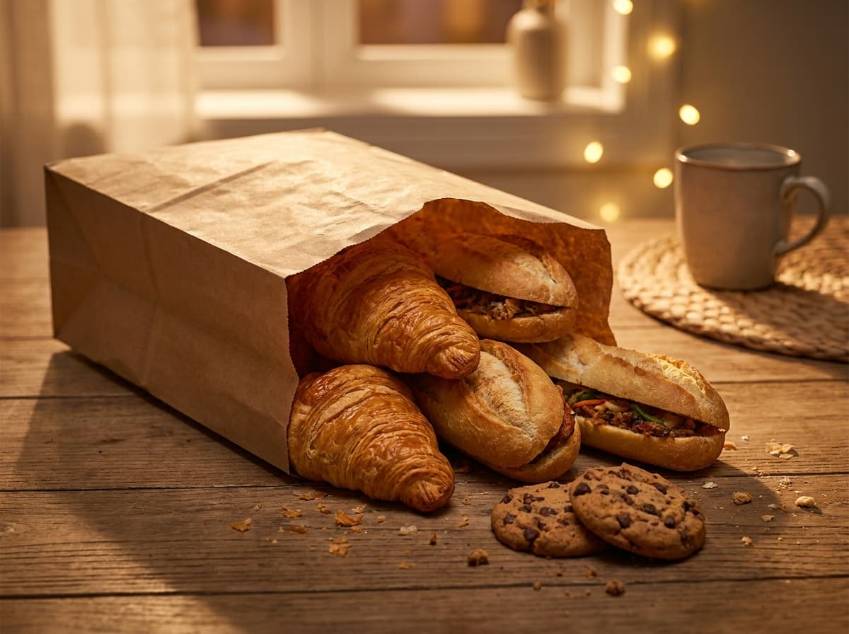 Túi bất ngờ mở ra với bánh croissant, bánh mì que và cookie