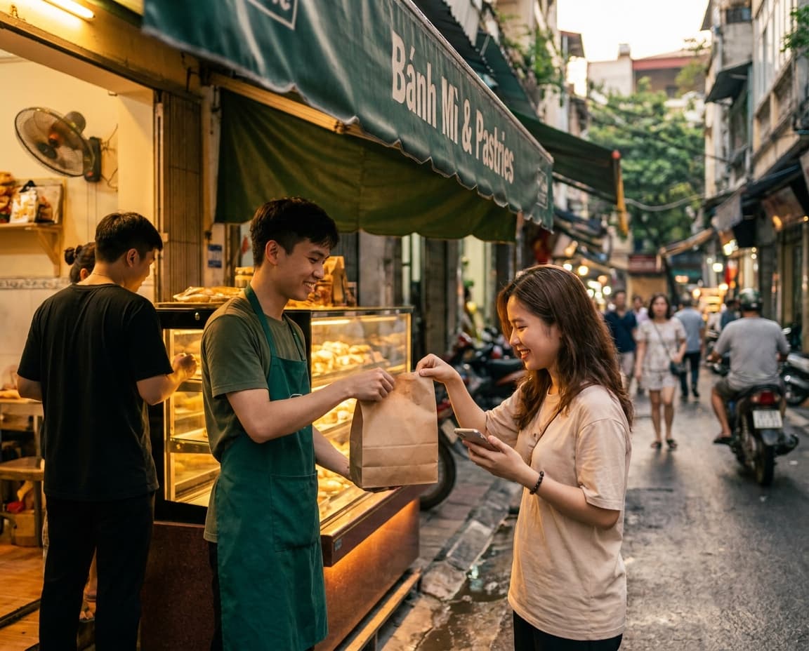 Quán bánh trao túi surplus cuối ngày cho khách trẻ trên phố Hà Nội